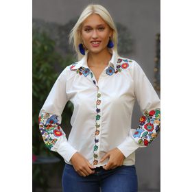 Chiccy M10010200BL93422 Beyaz Gömlek Yaka Uzun Kol Düğmeli Nakışlı Normal Fit Klasik Pamuk Dokuma Bluz