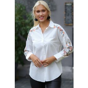 Chiccy M10010200BL93423 Beyaz Gömlek Yaka Uzun Kol Düğmeli Nakışlı Normal Fit Klasik Pamuk Dokuma Bluz