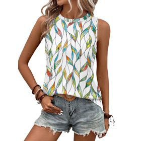 Chicrise Casual Renkli Yaprak Deseni Kolsuz Yuvarlak Yaka Basic Kadın Atlet