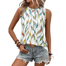 Chicrise Casual Renkli Yaprak Deseni Kolsuz Yuvarlak Yaka Basic Kadın Atlet