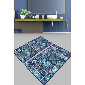 Chilai Home Carres Bleus Djt 3'lü Set Banyo Paspası Kaymaz Tabanlı Banyo Halısı Klozet Takımı