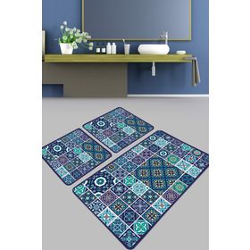 Chilai Home Carres Bleus Djt 3'lü Set Banyo Paspası Kaymaz Tabanlı Banyo Halısı Klozet Takımı