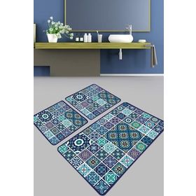 Chilai Home Carres Bleus Djt 3'lü Set Banyo Paspası Kaymaz Tabanlı Banyo Halısı Klozet Takımı