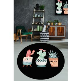 Chilai Home Happy Cactus Djt Siyah Çap Kaymaz Taban Yıkanabilir 140x140 cm Halı