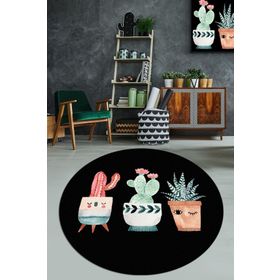 Chilai Home Happy Cactus Djt Siyah Çap Kaymaz Taban Yıkanabilir 140x140 cm Halı