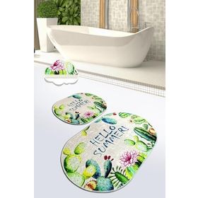 Chilai Home Hello Summer 2'li Set Paspas Yıkanabilir Kaymaz Taban Banyo Halısı Klozet Takımı