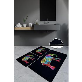 Chilai Home Olifant Siyah 3'lü Set Paspas Yıkanabilir Kaymaz Taban Banyo Halısı Klozet Takımı