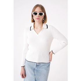 Chuba 25W3009 Beyaz Lacivert Çizgi Detaylı Fitilli Polo Yaka Triko Kadın Kazak