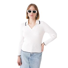 Chuba 25W3009 Beyaz Lacivert Çizgi Detaylı Fitilli Polo Yaka Triko Kadın Kazak