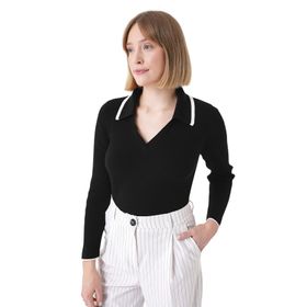 Chuba 25W3009 Siyah Beyaz Çizgi Detaylı Fitilli Polo Yaka Triko Kadın Kazak