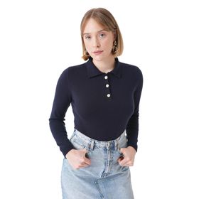 Chuba 25W3012 Lacivert Gold Düğmeli Polo Yaka Triko Kadın Kazak