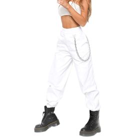 Cicilin Hip Hop Beyaz Yüksek Bel Trend Askeri Düz Geniş Bacak Kadın Harem Pantolon