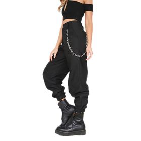 Cicilin Hip Hop Siyah Yüksek Bel Trend Pantolon Askeri Düz Geniş Bacak Kadın Harem Pantolon