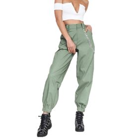 Cicilin Hip Hop Yeşil Yüksek Bel Trend Pantolon Askeri Düz Geniş Bacak Kadın Harem Pantolon