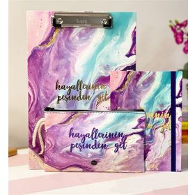 Çılgıntrend Hayallerinin Peşinden Git Tasarımlı Sekreterlik Kalemlik Mor Renk Lastikli Defter