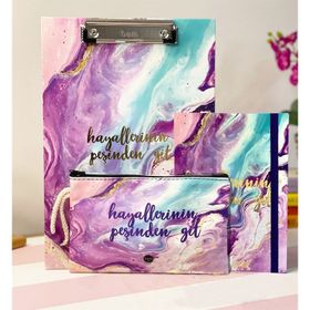 Çılgıntrend Hayallerinin Peşinden Git Tasarımlı Sekreterlik Kalemlik Mor Renk Lastikli Defter