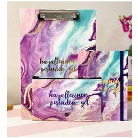 Çılgıntrend Hayallerinin Peşinden Git Tasarımlı Sekreterlik Kalemlik Mor Renk Lastikli Defter