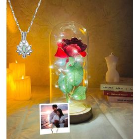 Çılgıntrend Kişiye Özel Fotoğraflı Cam Fanus İçerisinde Dekoratif Led Işıklı Solmayan Gül Lamba ve Lotus Kolye