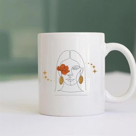 Çılgıntrend Line Art Çiçekli Kadın Tasarımlı Porselen Kahve Kupa