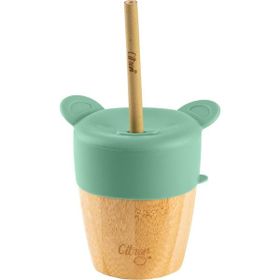 Citron 1073629 Green 2'si 1 Arada Kapaklı ve Pipetli Organik Bambu Alıştırma Bardağı