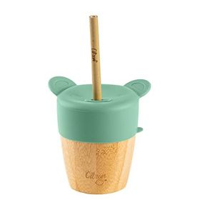 Citron 1073629 Green 2'si 1 Arada Kapaklı ve Pipetli Organik Bambu Alıştırma Bardağı