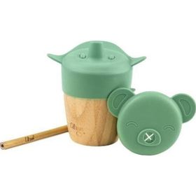 Citron 1073629 Green 2'si 1 Arada Kapaklı ve Pipetli Organik Bambu Alıştırma Bardağı