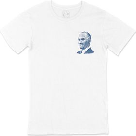 Cix Atatürk Mavi Silüetli Cep Logo Tasarımlı Beyaz Tişört