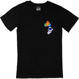 Cix Cix Gezegen Balonlu Astronot Cep Logo Tasarımlı Siyah T-shirt