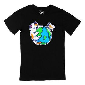 Cix Dünya ve Kedi Baskılı Kısa Kollu Siyah T-shirt