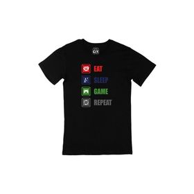 Cix Eat Sleep Game Repeat Baskılı Yuvarlak Yaka Siyah T-shirt