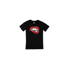 Cix Estetik Dudak Çizimli Baskılı Yuvarlak Yaka Siyah T-shirt