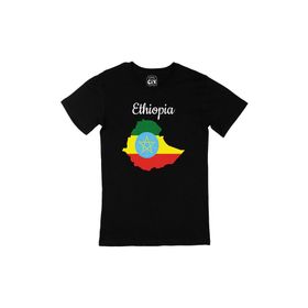 Cix Etiyopya Haritalı ve Bayraklı Baskılı Yuvarlak Yaka Siyah T-shirt