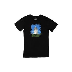 Cix Galata Kulesi Baskılı Yuvarlak Yaka Siyah T-shirt