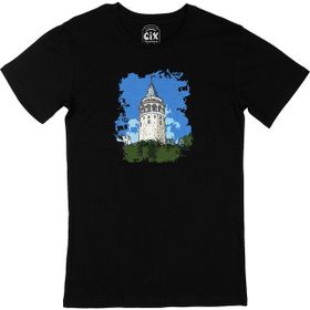 Cix Galata Kulesi Baskılı Yuvarlak Yaka Siyah T-shirt