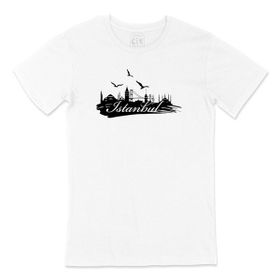 Cix İstanbul Martılı Beyaz Cep Logo Tasarımlı Erkek T-shirt
