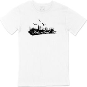 Cix İstanbul Martılı Beyaz Cep Logo Tasarımlı Erkek T-shirt