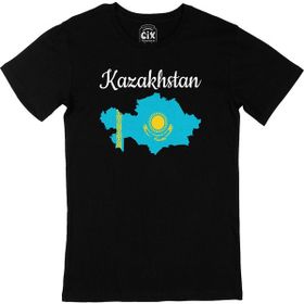 Cix Kazakistan Harita ve Bayrak Desenli Yuvarlak Yaka Siyah T-shirt