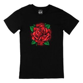 Cix Kırmızı Gül Baskılı Yuvarlak Yaka Siyah T-shirt