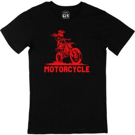 Cix Kırmızı Motorcu Kız Baskılı Yuvarlak Yaka Siyah T-shirt