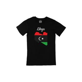 Cix Libya Haritalı ve Bayraklı Yuvarlak Yaka Siyah T-shirt