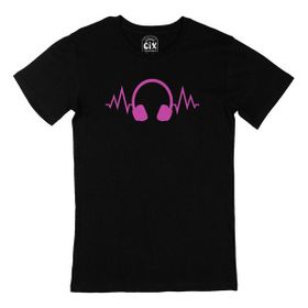 Cix Mor Kulaklık Baskılı Yuvarlak Yaka Siyah T-shirt