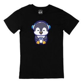 Cix Oyuncu Penguen Baskılı Siyah Unisex T-shirt