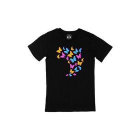 Cix Rengarenk Kelebekli Baskılı Siyah Erkek T-shirt