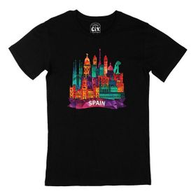 Cix Renkli İspanya İllüstrasyon Baskılı Siyah Erkek T-shirt