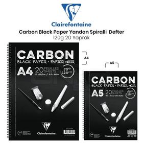 Clairefontaine Carbon Black Paper Yandan Spiralli 120 gr 20 Yaprak Defter