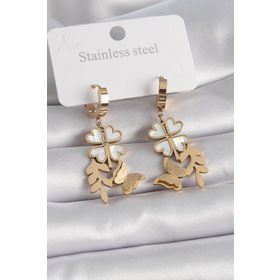 Clariss 316L Çelik Gold Renk Beyaz Sedefli Yonca Simli Kelebek Figür Kadın Küpe