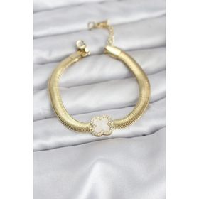 Clariss 316L Çelik Gold Renk Beyaz Yonca Model Zirkon Taşlı Yılan Zincirli Kadın Bileklik