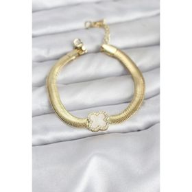 Clariss 316L Çelik Gold Renk Beyaz Yonca Model Zirkon Taşlı Yılan Zincirli Kadın Bileklik