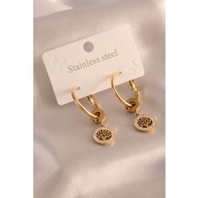 Clariss 316L Çelik Gold Renk Halka Model Yaşam Ağacı Figür Zirkon Taşlı Kadın Küpe