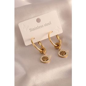 Clariss 316L Çelik Gold Renk Halka Model Yaşam Ağacı Figür Zirkon Taşlı Kadın Küpe